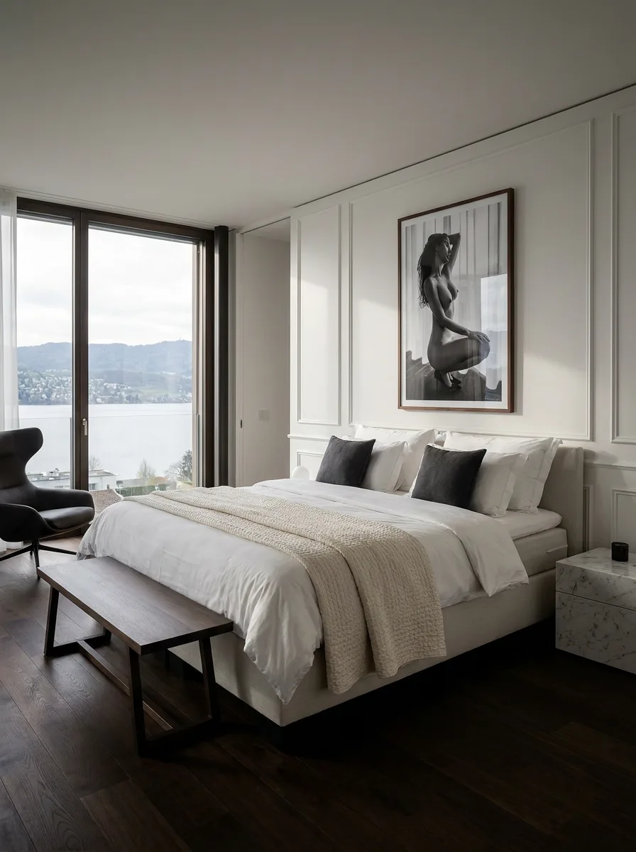 Ein grossformatiger gerahmter Boudoir-Print über dem Bett in einem modernen Zürcher Schlafzimmer mit Blick auf den See.